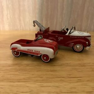 2 State Farm Collectible Cars: Tow Truck and Pedal Car